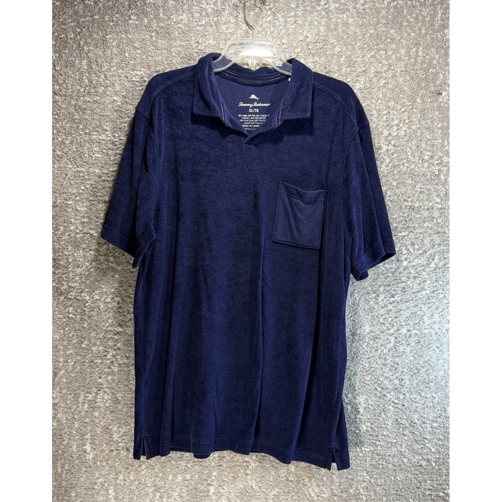 Tommy Bahama XL Poolside Terry Cloth Pocket Polo Shirt Pima Tencel Navy Beach